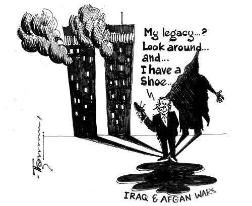 Cartoon: Legacies of President Bush (medium) by Thommy tagged bush,legacy,wars,911,torture,shoe