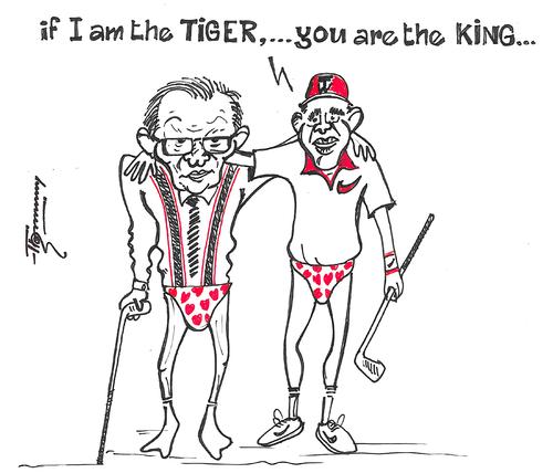 Cartoon: The TIGER and the KING (medium) by Thommy tagged larry,king,tiger,woods,the