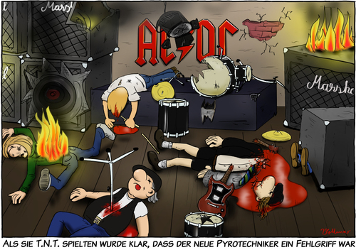 Cartoon: T.N.T. (medium) by Andreas Vollmar tagged tnt,ac,dc,musik,rock,unfall,pyrotechnik,explosion,feuer,angus,young,bühne,auftritt,konzert