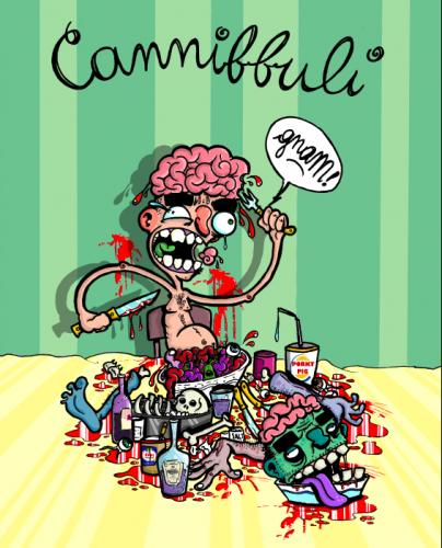 Cartoon: Cannibal (medium) by buddybradley tagged cannibale,cannibal,hannibal,blood,sangue,brain,cervello,mangiare,eating,wine,chianti,chitterlings,frattaglie,intestine,budella,intestino,head,splatter,horror,coke,bones,ossa,hand,legs,braccia,gambe,illustrazione,illustration,cover,fanzine,underground,punk