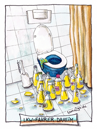Cartoon: LKW-Fahrer daheim (medium) by geralddotcom tagged lkw,fahrer,toilette,urin,flasche,flaschen,klo,bad,badezimmer