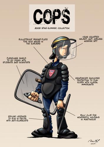 Cartoon: Armor 2K9 (medium) by Mikl tagged mikl,michael,olivier,miklart,art,illustration,painting,cops,antiglobalism,shield,helmet,crs,riot,billy,club