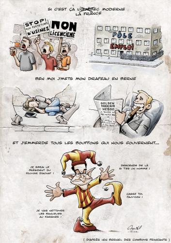 Cartoon: La France en berne (medium) by Mikl tagged mikl,michael,olivier,miklart,art,illustration,painting,comic,strip,manifestation,riot,unemployment,pole,emploi,sdf,patron,pdg,golden,parachut,dore,bouffon,nicolas,sarkozy