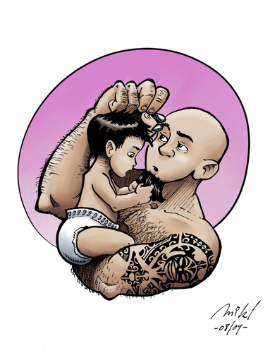 Cartoon: Mikl and Sacha (medium) by Mikl tagged mikl,michael,olivier,miklart,art,illustration,painting,sacha,dad,baby,tattoo
