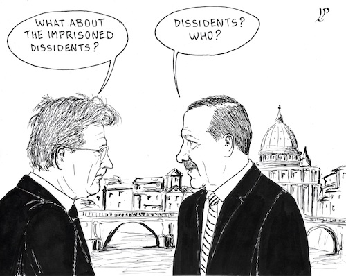Cartoon: Erdogan visit Italy (medium) by paolo lombardi tagged erdogan,turkey,europe,italy