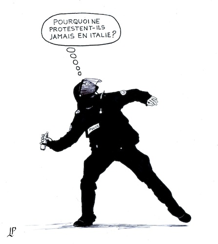 Cartoon: The French policeman thinks (medium) by paolo lombardi tagged france,riot,policeman,casseur