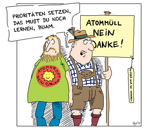 Cartoon: Protestkultur (medium) by Mergel tagged atommüll,atom,atomkraft,bayern,entsorgung,endlager,lederhose,umweltpolitik,energiewende