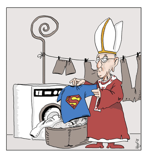 Cartoon: superpapst (medium) by Mergel tagged religion,katholizismus,papst,stellvertreter,superman,superheld,trikot,kirche,klerus,wäsche,waschen