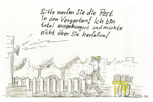 Cartoon: Hungrige Kundschaft (medium) by fussel tagged post,kundin,hungrig,ausgehungert,briefträger,vernaschen,hund,frau,mann