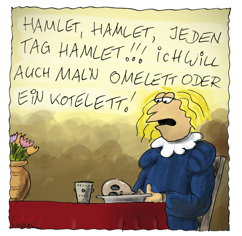 Cartoon: Schon der junge Shakespeare (medium) by fussel tagged shakespeare,hamlet,theater,essen,kotelett,omelett,fussel,shakespeare,hamlet,theater,essen,kotelett,omelett,fussel