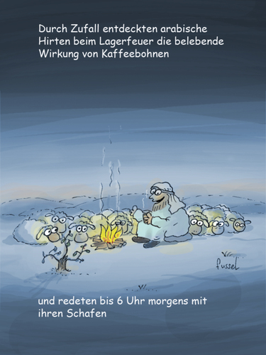 Cartoon: Wie der Kaffee entdeckt wurde (medium) by fussel tagged kaffee,arabien,mokka,espresso,latte,schlafen,reden,schafe