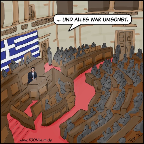 Cartoon: Der Tragödie nächster Teil (medium) by Fenya tagged griechenland,politik,euro,eu,eurogruppe,cartoon,fernsehen,tsipras,syriza,eurokrise,wirtschaftskrise,schuldenkrise,hilfspaket,parlament