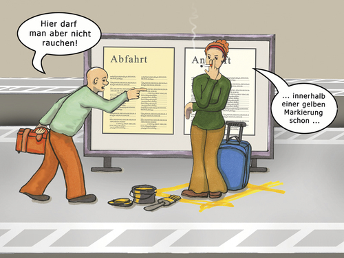 Cartoon: Raucherzone (medium) by SoRei tagged dikriminierung,selbsthilfe,raucherbereich,raucher,bahnhof,nichtraucherschutzgesetz,denunzieren,petze,bahnsteig,sucht,zigarette,inhalieren,ungestört,rechtfertigung,alibi,ankunft,abfahrt,umsteigen,aufenthalt,zug,zugfahrt,fronten,verhärten