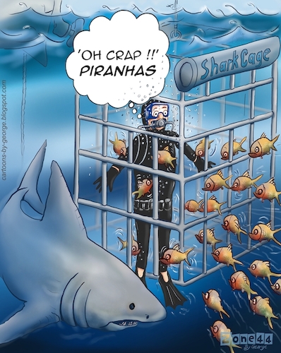 Cartoon: Caged Alive (medium) by George tagged diver,shark,piranha