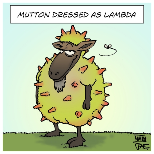 Cartoon: Mutton dressed as lambda (medium) by Timo Essner tagged corona,covid,lambda,lamb,play,on,words,mutton,sheep,c37,sars,cov2,virus,mutation,cartoon,timo,essner,corona,covid,lambda,lamb,play,on,words,mutton,sheep,c37,sars,cov2,virus,mutation,cartoon,timo,essner