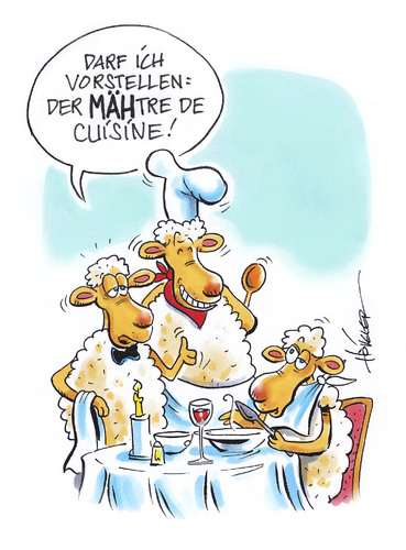 Cartoon: Maitre de Cuisine (medium) by Hoevelercomics tagged französische,küche,gastronomie,schafe,schaf,cuisine,sheep,restaurant,koch,chef