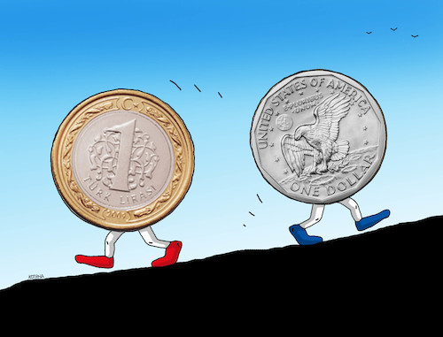 Cartoon: dollira (medium) by Lubomir Kotrha tagged turkish,lira,the,fall,turkey,usa,dollar,euro