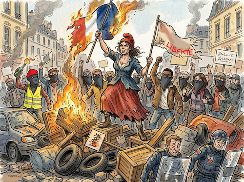 Cartoon: franprotest (medium) by Lubomir Kotrha tagged france,protests,unrest,looting,france,protests,unrest,looting