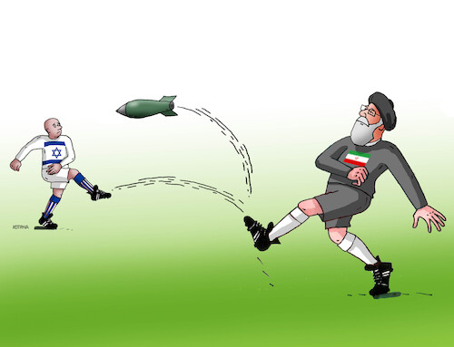 Cartoon: Israel versus Iran (medium) by Lubomir Kotrha tagged israel,iran,gaza,war,bombs,israel,iran,gaza,war,bombs