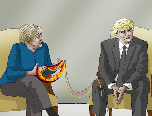 Cartoon: merkeltrump (medium) by Lubomir Kotrha tagged summit,g20,germany,hamburg,merkel,trump,world,dollar,euro,libra,peace,war