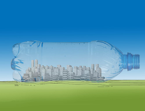 Cartoon: plastcity (medium) by Lubomir Kotrha tagged plastics,bottle,waste,cans