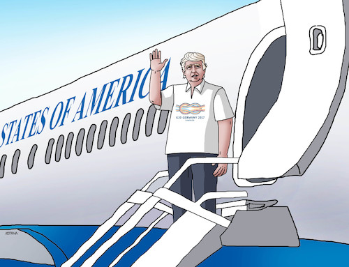 Cartoon: trump-g20 (medium) by Lubomir Kotrha tagged summit,g20,germany,hamburg,merkel,trump,world,dollar,euro,libra,peace,war