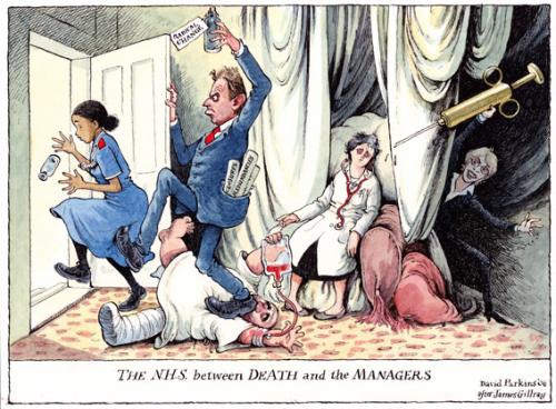 Cartoon: Between Death and the Managers (medium) by DavidP tagged nhs,blair,hospital,managers,nurses