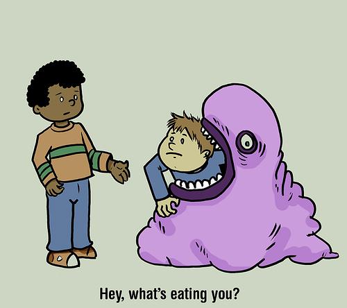 Cartoon: Whats Eating You? (medium) by michaeljpatrick tagged purple,cube,gelatinous,friends,kids,gag,eat,eating,glutton,eater
