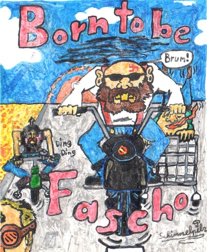 Cartoon: born to be fascho (medium) by Schimmelpelz-pilz tagged biker,rechts,rechtsradikal,faschist,fascho,faschismus,brutal,brutalität,rassismus,hakenkreuz,nazi,neonazi,szene,idiot,idiotie,motorrad,gang,rocker,rechtsrock,fahrrad,einkaufswagen,fremdenhass