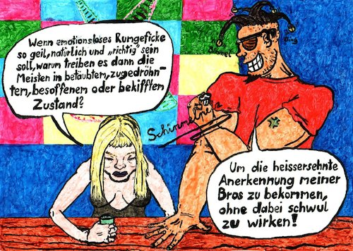 Cartoon: Clubleben (medium) by Schimmelpelz-pilz tagged club,clubleben,clubbing,macho,aufreissen,onenightstand,alkohol,drogen,droge,reiz,reizüberflutung,muskeln