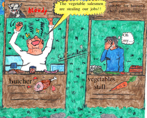 Cartoon: Crazy Butcher (medium) by Schimmelpelz-pilz tagged meat,vegetable,vegetables,butcher,salesman,sales,man,salesmen,men,sell,stall,booth