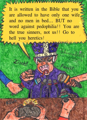 Cartoon: downfall of the vatican IV (medium) by Schimmelpelz-pilz tagged pedophile,pedophilia,christ,christian,christians,catholic,priest,priests,believer,believers,child,cildren,abuse,abusing,love,homosexual,gay,homophobia