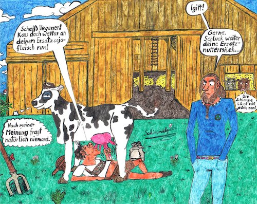 Cartoon: Ersatznahrung (medium) by Schimmelpelz-pilz tagged vegan,veganer,milch,kuh,kuhmilch,soja,sojafleisch,ersatz,bauernhof,farm,mistgabel,scheune,heu,vegetarier,fleisch