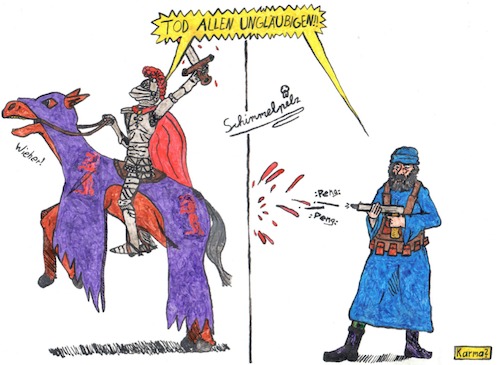 Cartoon: keinen Deut besser (medium) by Schimmelpelz-pilz tagged terrorist,terrorismus,ritter,heiliger,krieg,christentum,islam,muslim,christ,gewalt,glaube,glaubenskrieg,blut,unterdrückung