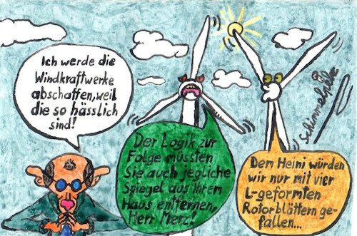 Cartoon: Merz s Schönheitsideal (medium) by Schimmelpelz-pilz tagged friedrich,merz,politiker,wind,windkraft,windkraftwerk,windkraftmühle,windmühle,umweltzerstörung,umweltverschmutzung,nuklear,radioaktive,nuklearreaktor,cdu,christlich,demokratische,union,hässlich,äußerlichkeit,oberflächlich,korrupt,afd,sympathisant