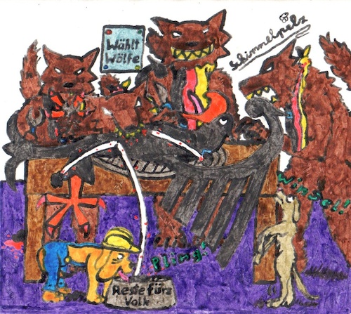 Cartoon: Moderne Politik (medium) by Schimmelpelz-pilz tagged moderne,politik,macht,machtmissbrauch,ausbeutung,kleiner,mann,volk,bürger,gesellschaft,elite,elitär,elitedenken,soziale,ungerechtigkeit,versklavung,sklaverei,rechte,rechtsradikal,rechtsradikale,konservativ,konservative,übervorteilen,malochen,hund,hunde,wolf,wölfe,deutschland,adler,deutschlandadler,fressen,essen,zerreissen