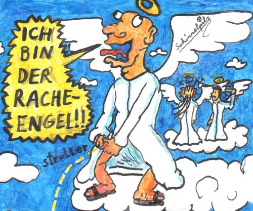 Cartoon: Racheengel (medium) by Schimmelpelz-pilz tagged racheengel,rachetaube,engel,taube,rache,vogelhirn,vogel,flügel,engelsflügel,kutte,robe,wolke,wolken,himmel,urin,strullern,pinkeln,pissen,sandalen,heiligenschein