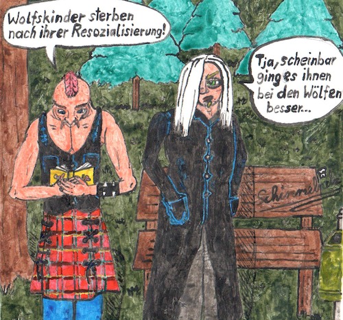 Cartoon: resozialisierte Wolfskinder (medium) by Schimmelpelz-pilz tagged wolfskind,wolfskinder,resozialisierung,resozialisieren,integrieren,integration,punk,punker,goth,grufti,park,bank,baum,bäume,wiese,mohawk,schottenrock,iro,irokese,schwarzer,humor,sarkasmus,schwarzseher,schwarzsehen,finster,sozialkritisch,sozialkritik