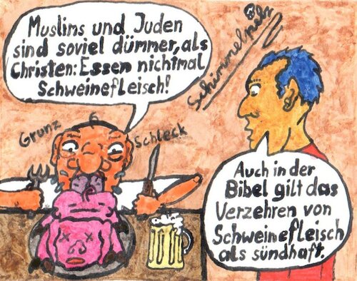 Cartoon: Schweinefleischsünde - Swine Sin (medium) by Schimmelpelz-pilz tagged schweinefleisch,schwein,fleisch,nahrung,essen,sünde,religion,gemeinsamkeiten,unterschiede,bibel,leviticus,altes,testament,regeln,vorurteile,disput,sin,bible,old,pork,meat