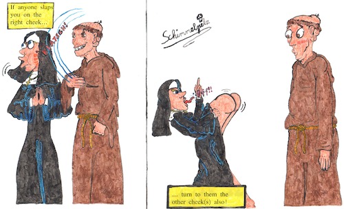 Cartoon: show the other cheek (medium) by Schimmelpelz-pilz tagged monk,nun,christian,bible,cheek,cheeks,sermon,ass,butt,hit,beat