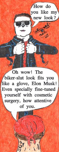 Cartoon: Elon Musk die Bikerschlampe (medium) by Schimmelpelz-pilz tagged elon,musk,geek,nerd,biker,bitch,slut,rocker,nazi,neonazi,afd,idiot,jerk,trump,supporter,schlampe,it,computer,bitcoin