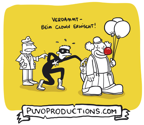 Cartoon: Beim Clown erwischt. (medium) by puvo tagged clown,dieb,thief,pickpocket,taschendieb,steal,klauen,wortspiel,play,word,stehlen