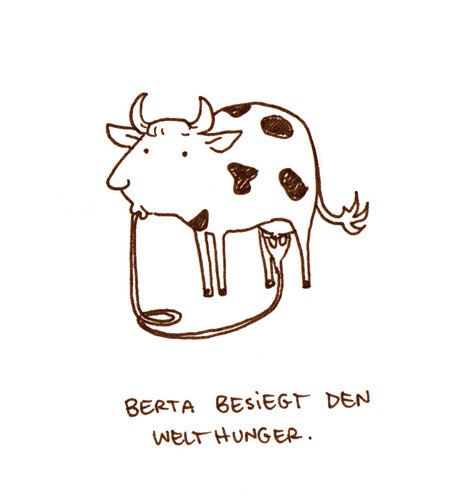 Cartoon: Berta besiegt den Welthunger. (medium) by puvo tagged nutrition,crisis,problem,ernährung,milch,krise,welthunger,hunger,starvation,world,cow,kuh