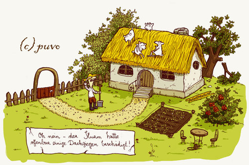 Cartoon: Dachziegen. (medium) by puvo tagged word,play,farm,tempest,sturm,wortspiel,bauernhof,bauer,roof,dachziegel,dach,goat,ziege