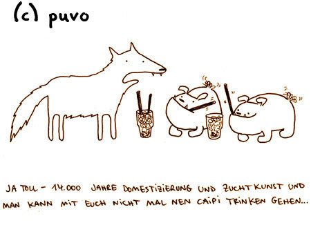 Cartoon: Domestizierung. (medium) by puvo tagged hund,dog,bulldogge,bulldog,wolf,domestizierung,domestication,breed,zucht,cocktail