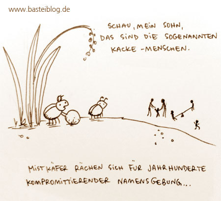 Cartoon: Kackemenschen. (medium) by puvo tagged mistkäfer,käfer,zoologie,nomenklatur,bezeichnung,mensch,beetle,human,name,schimpfwort