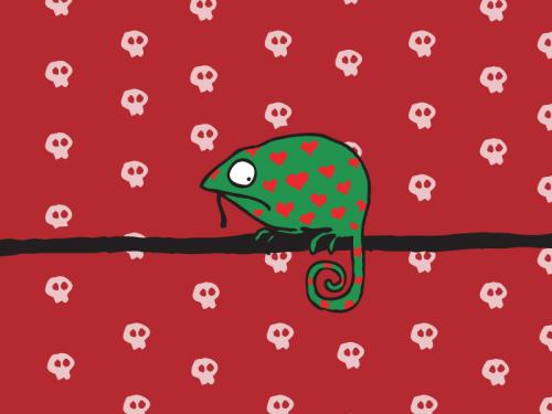 Cartoon: Punkrock. (medium) by puvo tagged chamäleon,chameleon,skull,schädel,tapete,wallpaper,heart,herz,dagegen,punk,against