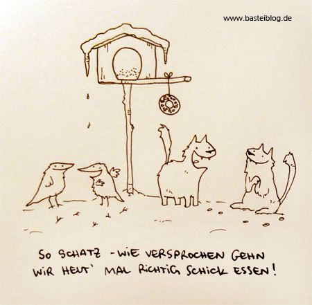 Cartoon: Schick essen. (medium) by puvo tagged winter,schnee,snow,katze,cat,vogel,bird,vogelhaus,futterhäuschen,futterhaus,füttern,feed,birdhouse,feeder,eat