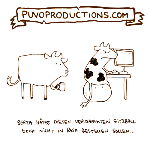 Cartoon: Sitzball. (medium) by puvo tagged cow,kuh,sitzball,büro,euter,mann,sitting,breast,ball,boob,frau,udder,busen,brust,belästigung,haressment,office