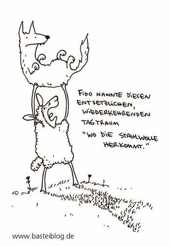 Cartoon: Stahlwolle. (medium) by puvo tagged stahlwolle,steel,wool,sheep,schaf,wolf,hund,dog,traum,alptraum,albtraum,nightmare,dream